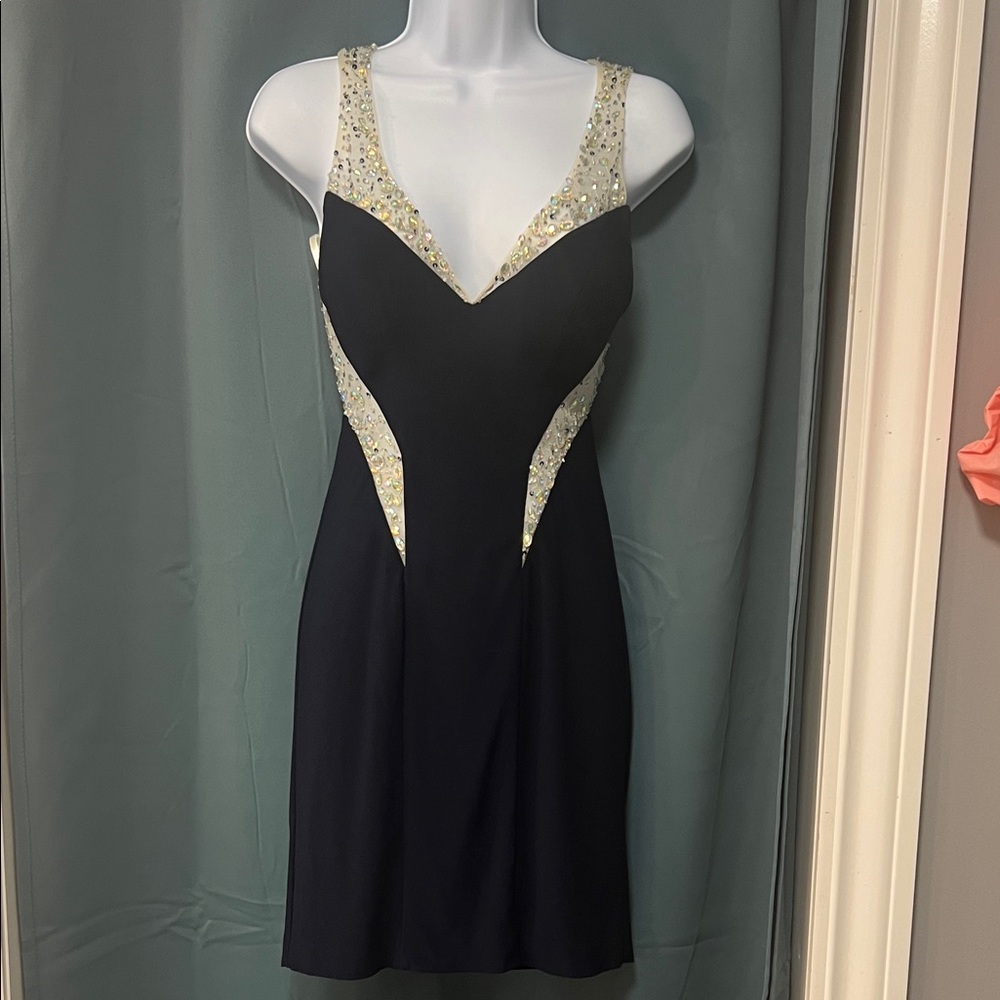 Faviana Navy Blue Dress with Gold Accents